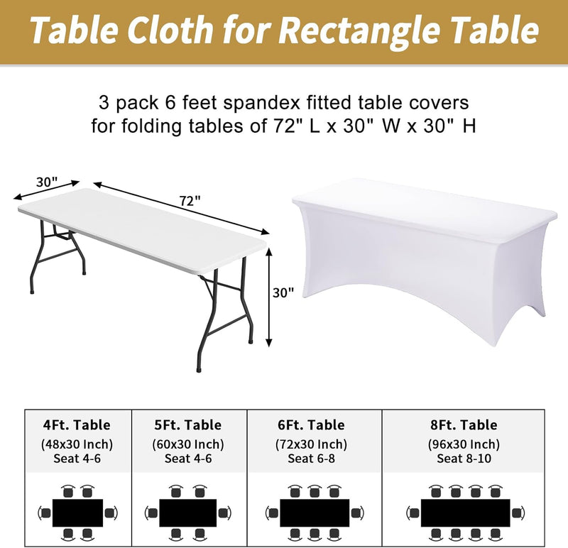 Fixwal 3 Pack White Table Cloths Rectangle 6FT, Tablecloths Rectangular Stretch Spandex Fitted Table Covers 6FT for Party, Trade Show, Banquet, Wedding, Buffet, Graduation Decoration