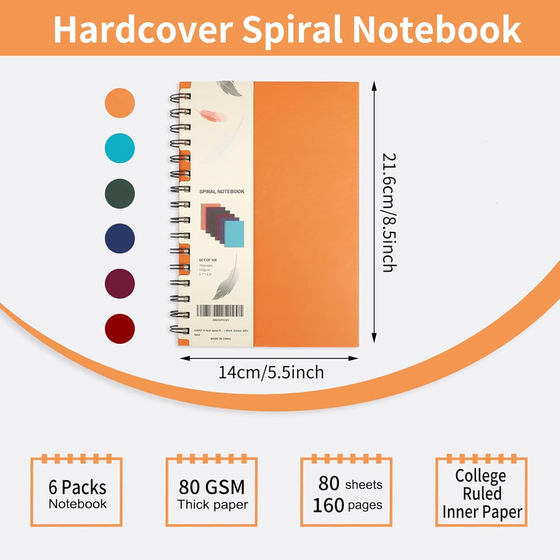 6pcs Hardcover Spiral Notebook, A5 Lined Spiral Journals 5.5x8.5in, 160 Pages Journal Notebook for Work, Office