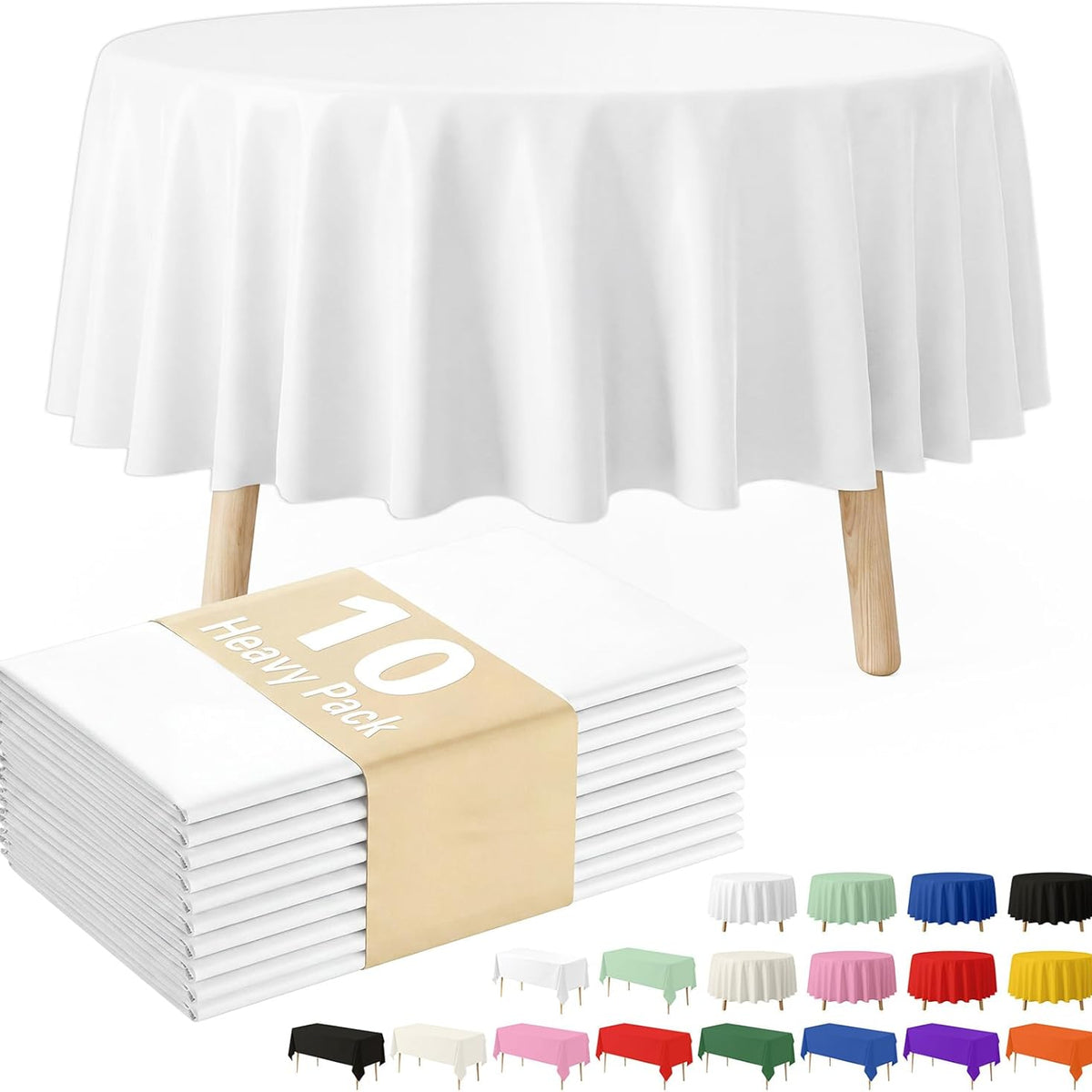 Fixwal White Plastic Table Cloth Disposable 84 Inch, Waterproof Round Tablecloth 10 Pack for Soccer Party Decoration, Picnic, Birthday