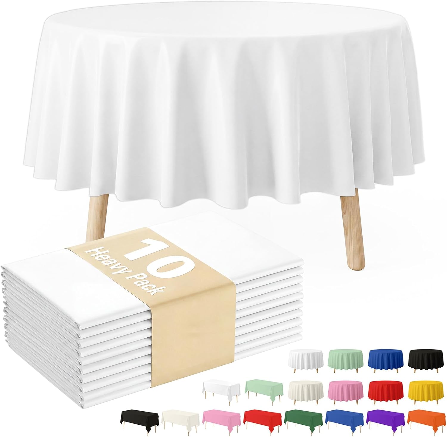 Fixwal White Plastic Table Cloth Disposable 84 Inch, Waterproof Round Tablecloth 10 Pack for Soccer Party Decoration, Picnic, Birthday