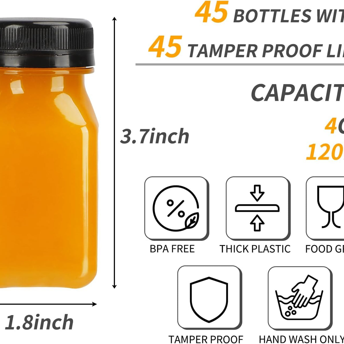45pcs Juice Bottles with Caps, 4oz Plastic Containers with Lids Empty Reusable Clear Ginger Shots Bottles with Label, Funnel, and Brush Beverage for Juicing, Smoothies, Drinking, Fridge