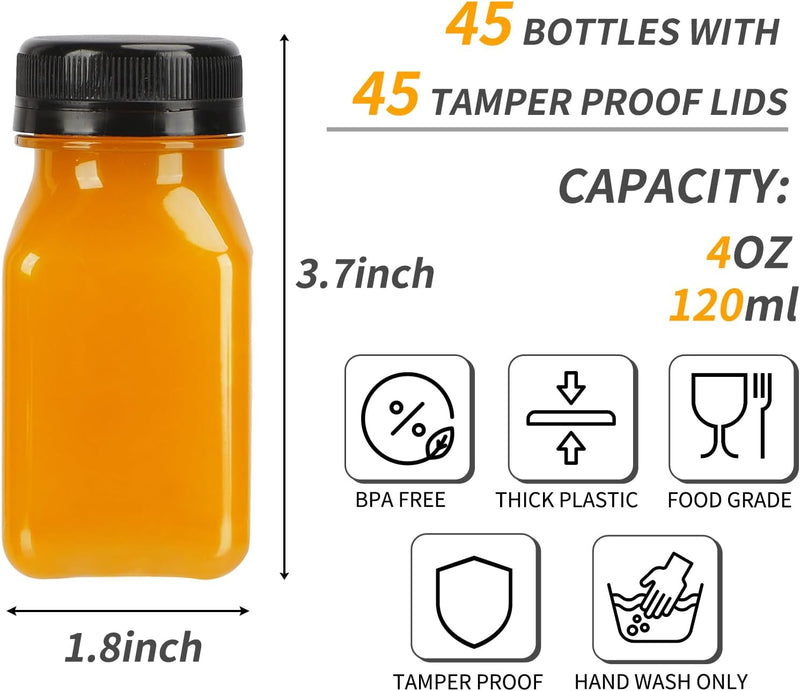 45pcs Juice Bottles with Caps, 4oz Plastic Containers with Lids Empty Reusable Clear Ginger Shots Bottles with Label, Funnel, and Brush Beverage for Juicing, Smoothies, Drinking, Fridge