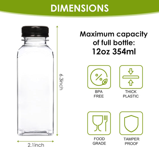 200pcs 12oz Plastic Juice Bottles with Caps, Clear Empty Reusable Water Bottles, Disposable Beverage Containers Bulk for Juicing Smoothies Turmeric Juice Milk and Other Beverages