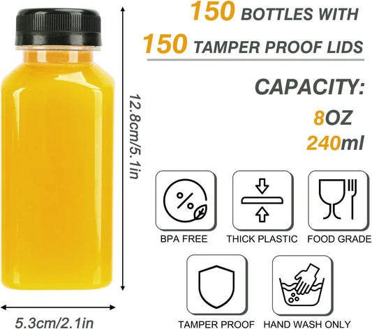 150pcs 8oz Plastic Juice Bottles with Caps Empty Reusable Clear Bottles with Label, Funnel and Brush Beverage Containers Bulk with Lids for Juicing, Smoothies, Fridge