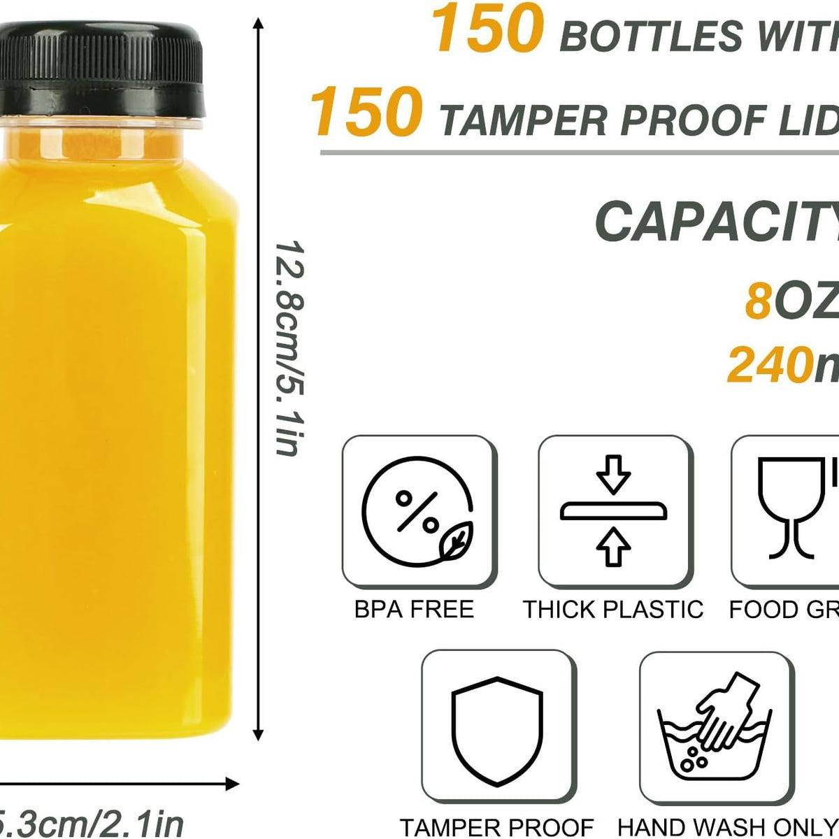 150pcs 8oz Plastic Juice Bottles with Caps Empty Reusable Clear Bottles with Label, Funnel and Brush Beverage Containers Bulk with Lids for Juicing, Smoothies, Fridge