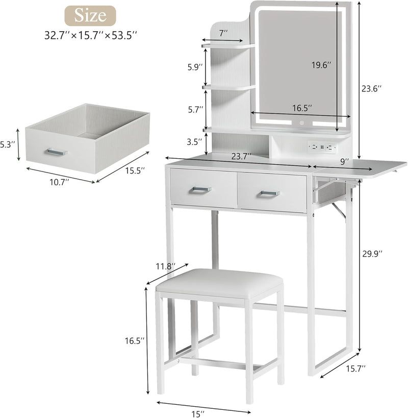Small Vanity Desk with Mirror and Lights, Makeup Vanity with Fabric Storage Drawer & Chair & Shelves, White Vanity with Fold-up Panel and Power Outlet, Bedroom