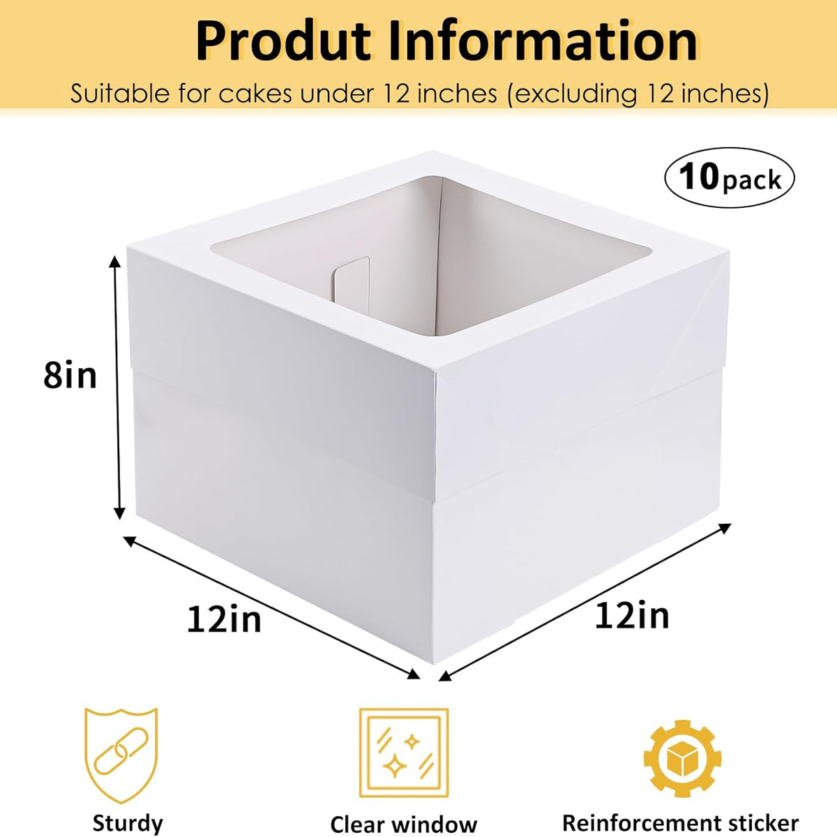Moretoes 10pcs Cake Boxes 12x12x8 Inch White Bakery Boxes with Window Tall Dessert Cardboard Containers for Cakes Cupcakes Pies Donuts Cookies, for Valentine's Day Mother's Day