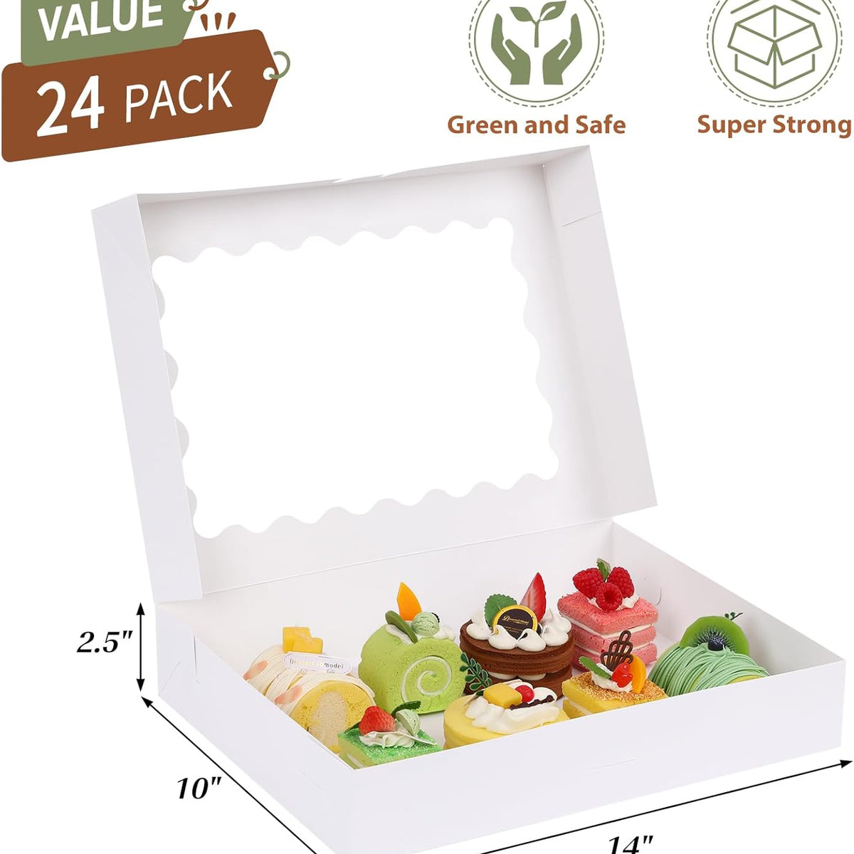Moretoes 24pcs Bakery Boxes, 14x10x2.5 Inch Treat Boxes with Window for Chocolate Covered Strawberries, Donuts, Pies, Muffins and Pastries (White)