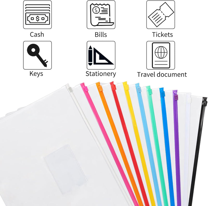 36pcs Plastic Envelopes Poly Zip Envelope Clear Zipper Pouches File Folders, A4, Letter Size, 11 Colors, for School and Office Supplies