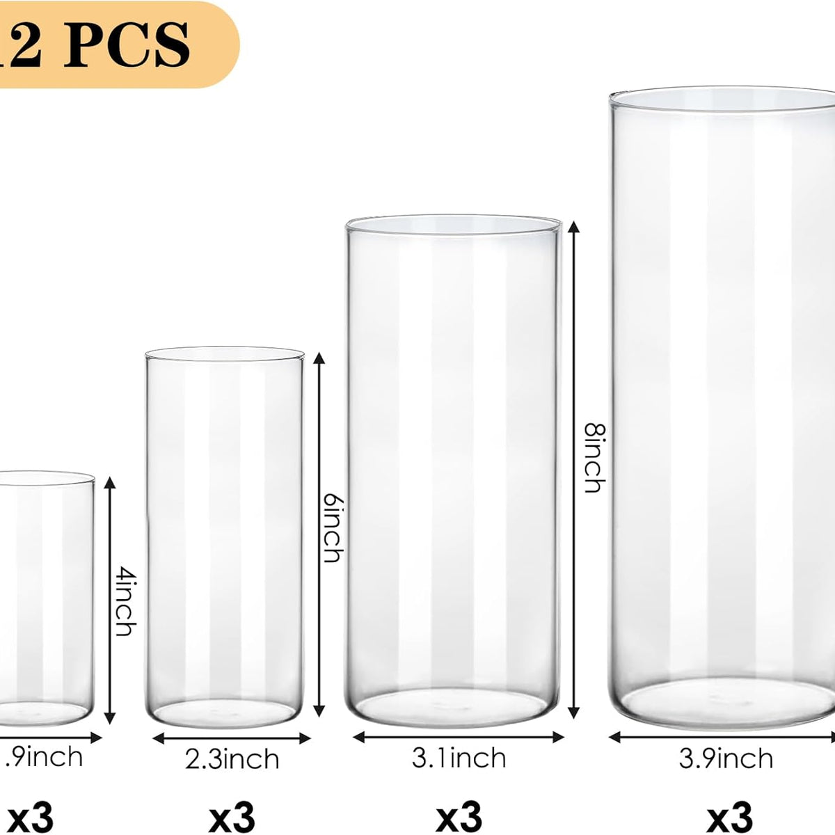 Fixwal 12pcs Clear Glass Cylinder Flower Vases, 4, 6, 8, 10 Inch Tall Cylinder Vases for Centerpieces, Glass Flower Vase Floating Candle Holder Vase for Table Shelf, Party, Wedding, Home Decor