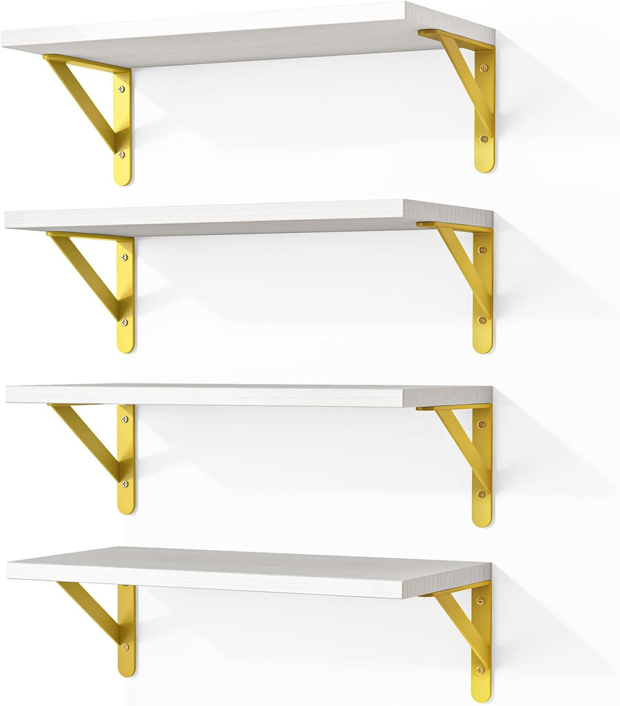 White Shelves, Wood Wall Floating Mounted Shelves for Bedroom, Bathroom, Living Room, Kitchen Storage and Decor(White, Set of 4, 16.5 Inch)