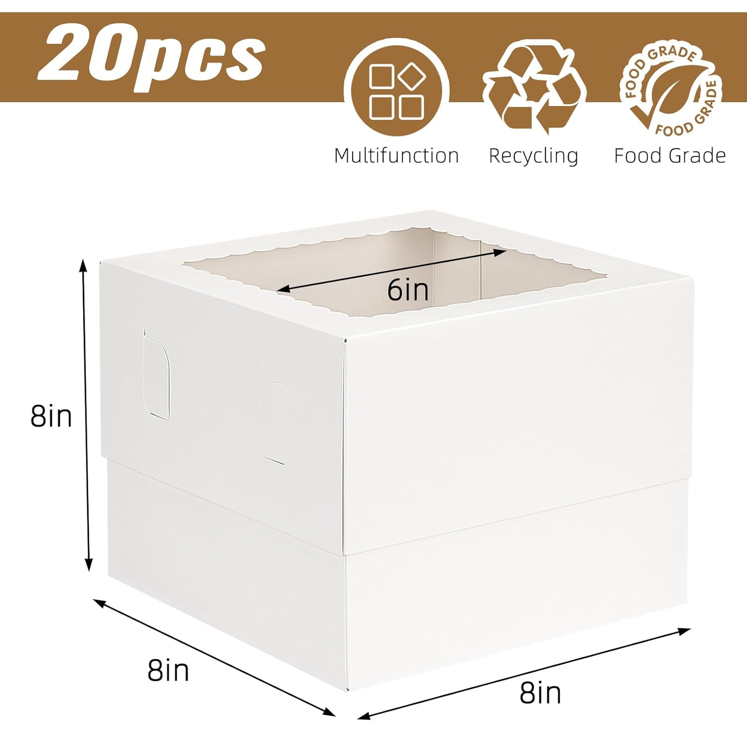 Moretoes 20pcs 8x8x8 Inches Cake Boxes with Window, White Bakery Dessert Boxes, Cajas Pasteles for Cake, Valentine's Day, Mother's Day, Birthday, Wedding, Party
