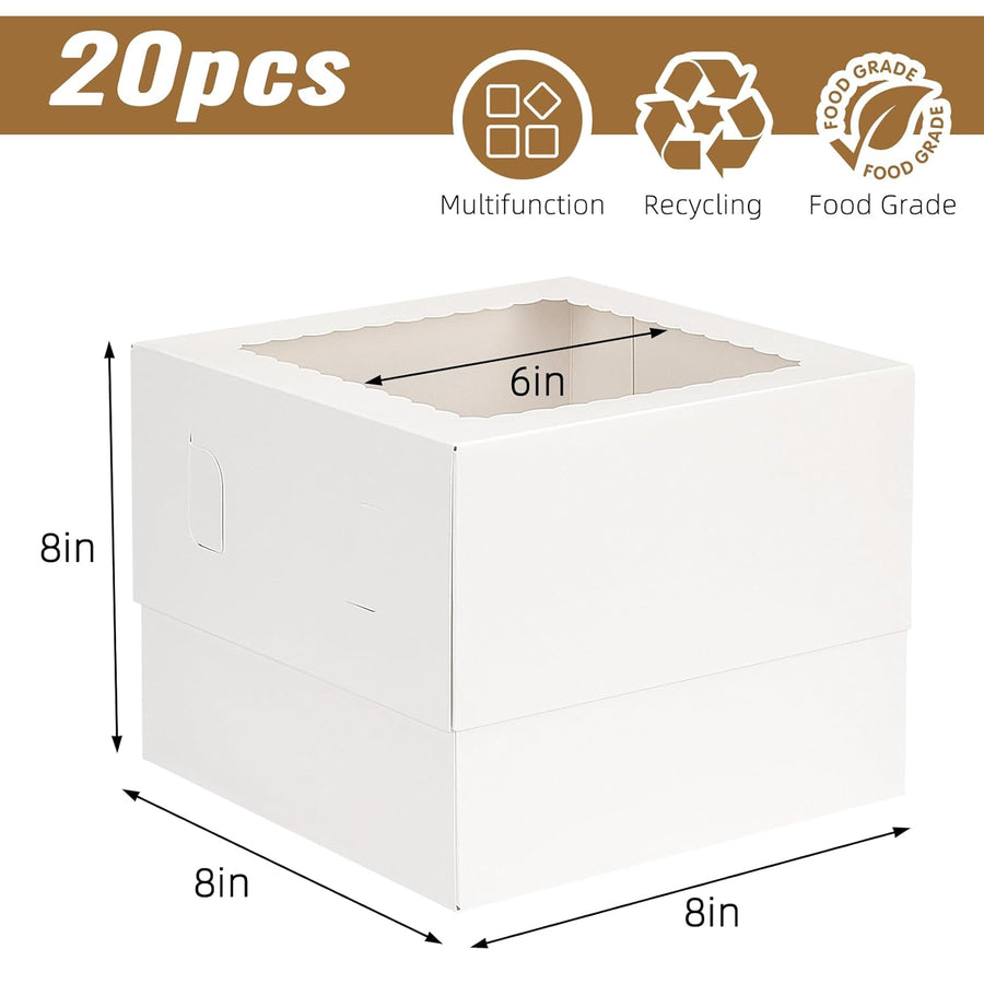 20pcs 8x8x8 Inches Cake Boxes with Window, White Bakery Dessert Boxes, Cajas Pasteles for Cake, Valentine's Day, Mother's Day, Birthday, Wedding, Party