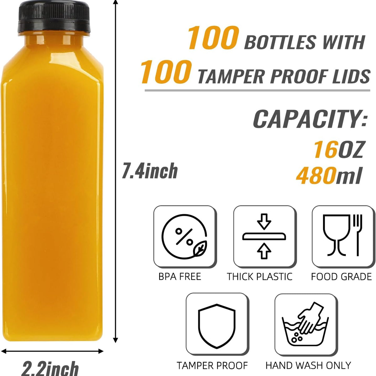 100pcs Plastic Bottles with Caps, 16oz Juice Bottles, with Caps with Black Caps,with Label, Funnel and Brush Beverage Containers for Juicing, Smoothies, Tea, Milk
