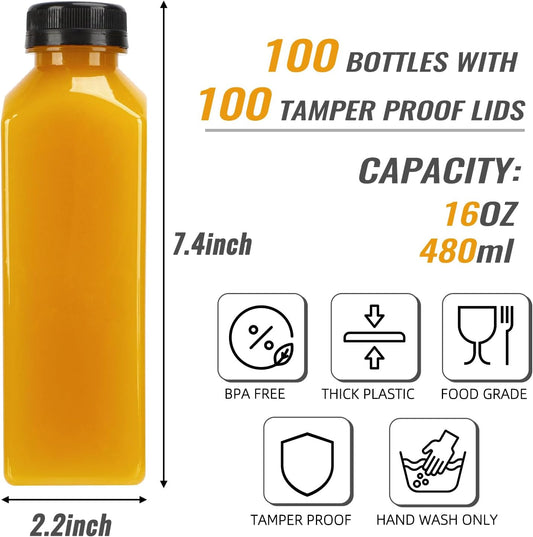 100pcs Plastic Bottles with Caps, 16oz Juice Bottles, with Caps with Black Caps,with Label, Funnel and Brush Beverage Containers for Juicing, Smoothies, Tea, Milk