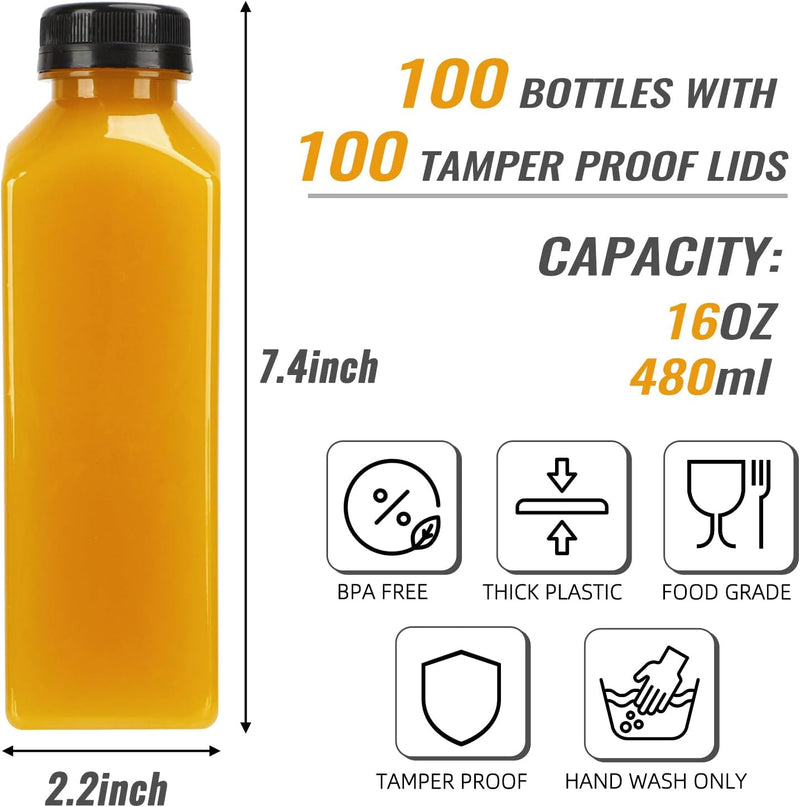 100pcs Plastic Bottles with Caps, 16oz Juice Bottles, with Caps with Black Caps,with Label, Funnel and Brush Beverage Containers for Juicing, Smoothies, Tea, Milk