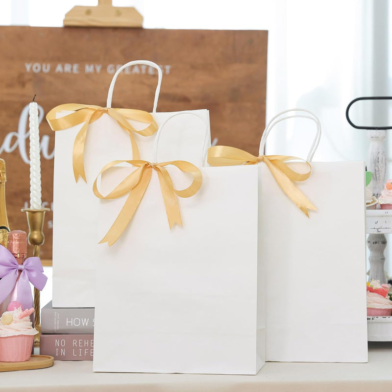 Moretoes Paper Bags with Handles 100pcs 10x5x13 Inches, White Kraft Gift Bags Bulk for Shopping, Retail, Small Business, Birthday Wedding Party Favor, Merchandise