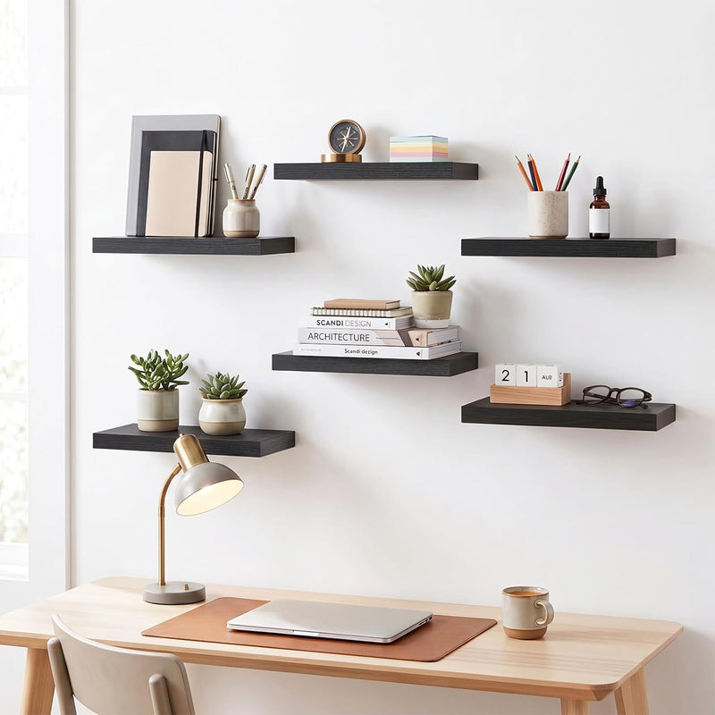 Fixwal Black Shelves, 15.7in Floating Shelves, Farmhouse Shelf Wall Decor for Bathroom, Bedroom, Living and Kitchen Set of 6