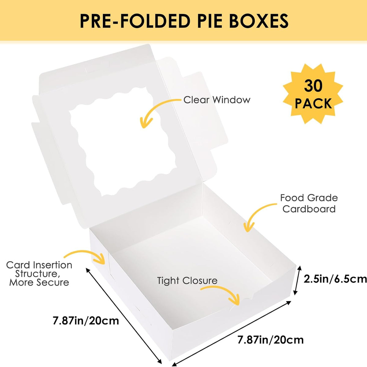 Moretoes 30pcs Bakery Boxes, 8x8x2.5 Cookie Boxes with Window, White Treat Containers for Donuts, Chocolate Strawberries, Pie, Birthday Party, Mother's Day, Weddings