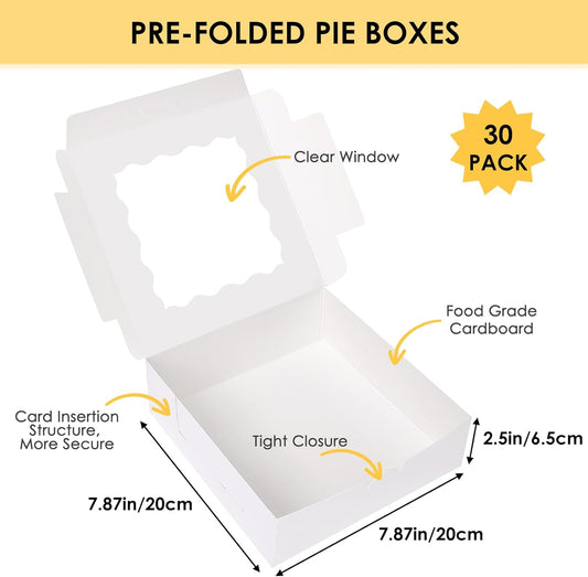 Moretoes 30pcs Bakery Boxes, 8x8x2.5 Cookie Boxes with Window, White Treat Containers for Donuts, Chocolate Strawberries, Pie, Birthday Party, Mother's Day, Weddings