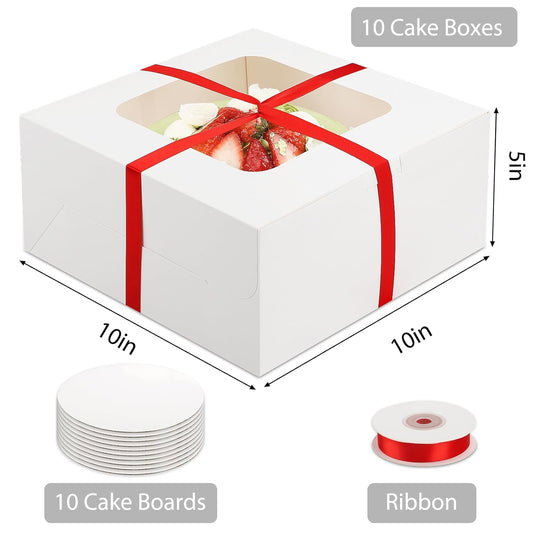 Moretoes 10 Sets Large Cake Boxes with Red Ribbons - 10pcs White Boxes & 10 Inches Round Cake Boards for Pastries, Chocolates, Cookies