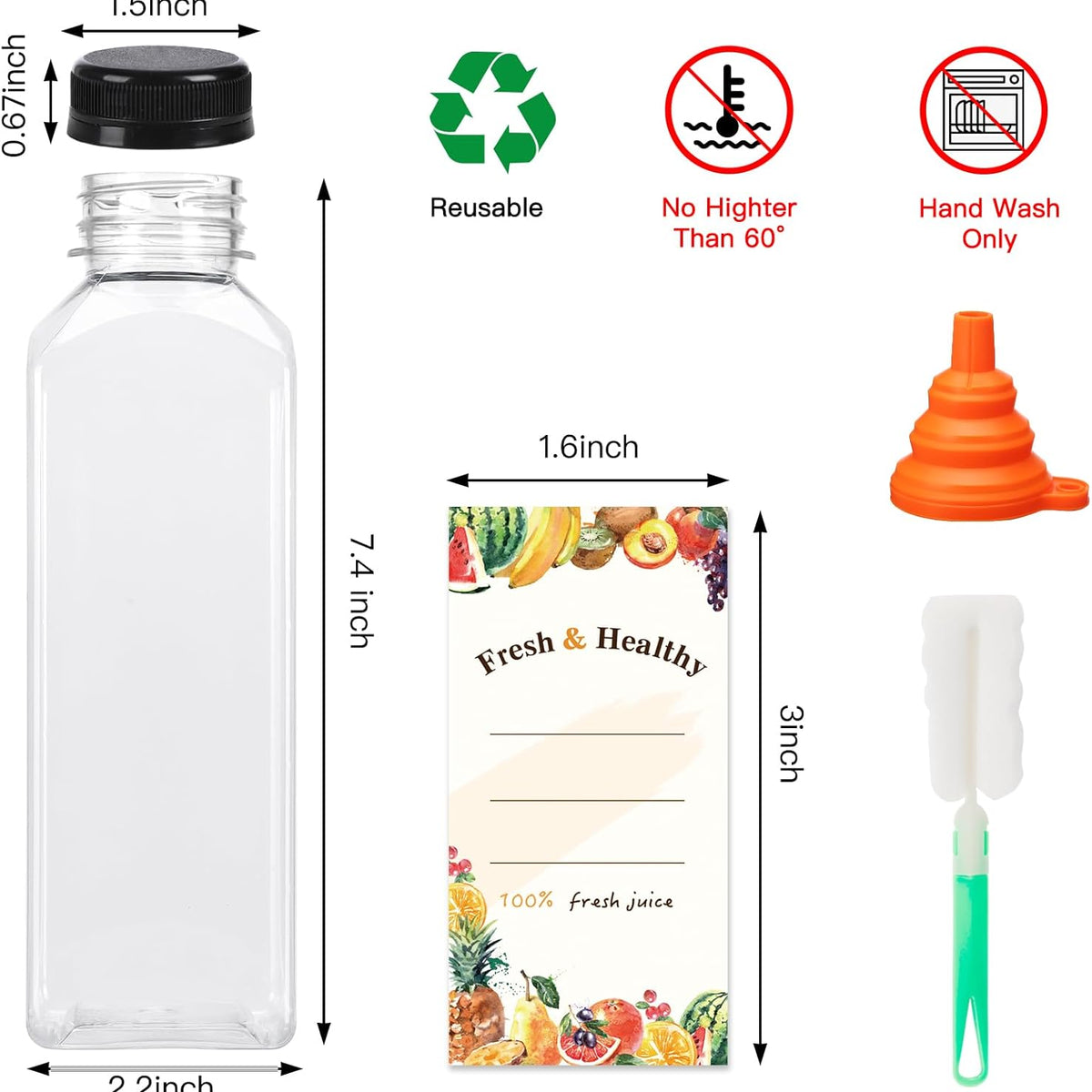 Moretoes 128pcs 16oz Plastic Juice Bottles with Caps, Bulk Clear Reusable Juicing Bottles for Smoothies and Other Beverages
