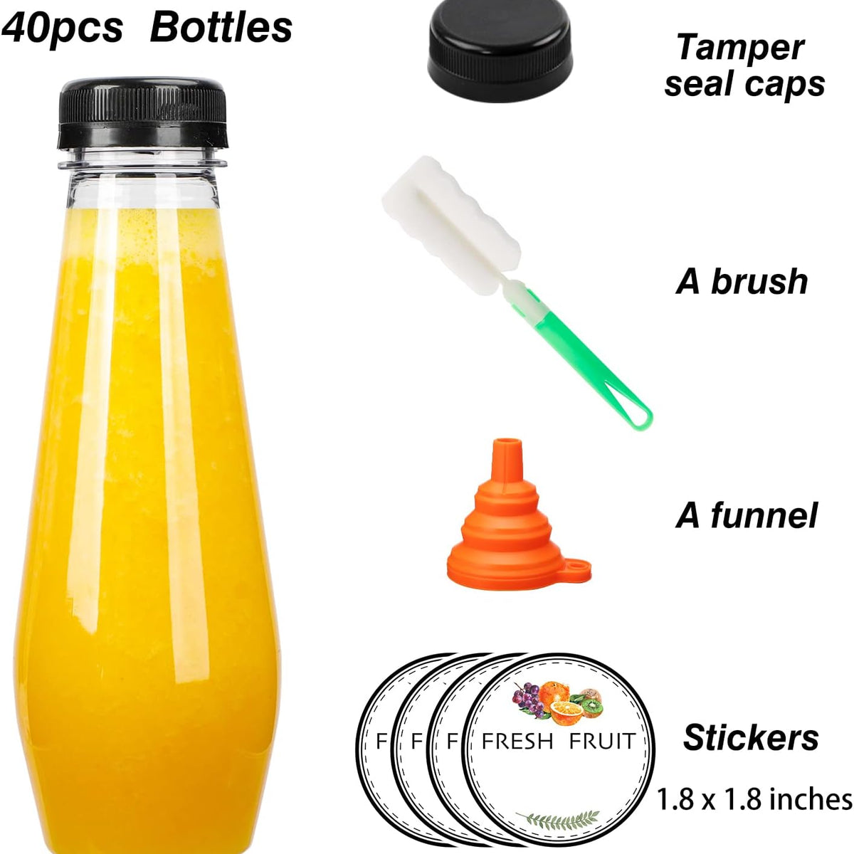 Moretoes 40pcs 12oz Juice Bottles, Empty Plastic Juicing Bottles with Caps, Cone Reusable Clear Bulk Beverage Containers for Juicing, Drinking, Milkshake, Tea and Other Beverages