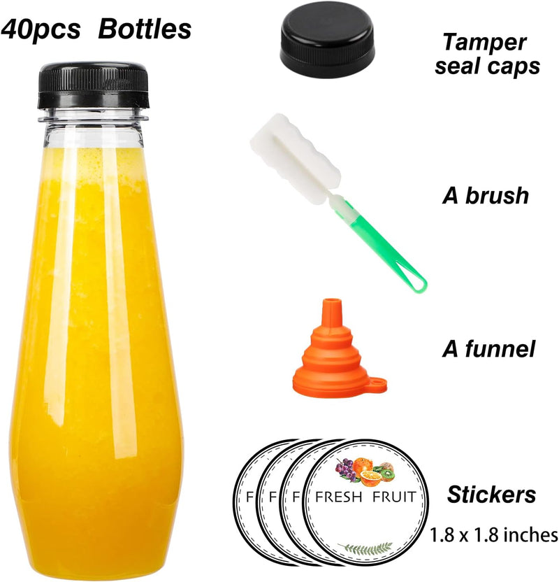 Moretoes 40pcs 12oz Juice Bottles, Empty Plastic Juicing Bottles with Caps, Cone Reusable Clear Bulk Beverage Containers for Juicing, Drinking, Milkshake, Tea and Other Beverages