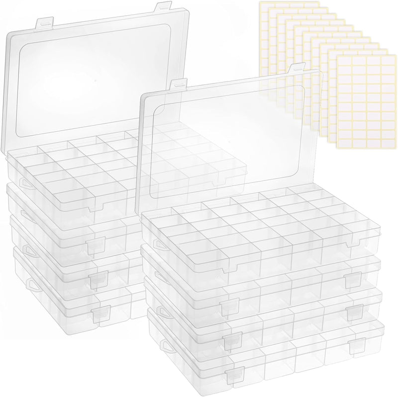 8 Pack 36 Grids Clear Plastic Storage Boxes with Adjustable Dividers, Beads Storage Containers, Jewelry and DIY Crafts Organization, Screw & Hardware Sorting with 10 Label Stickers