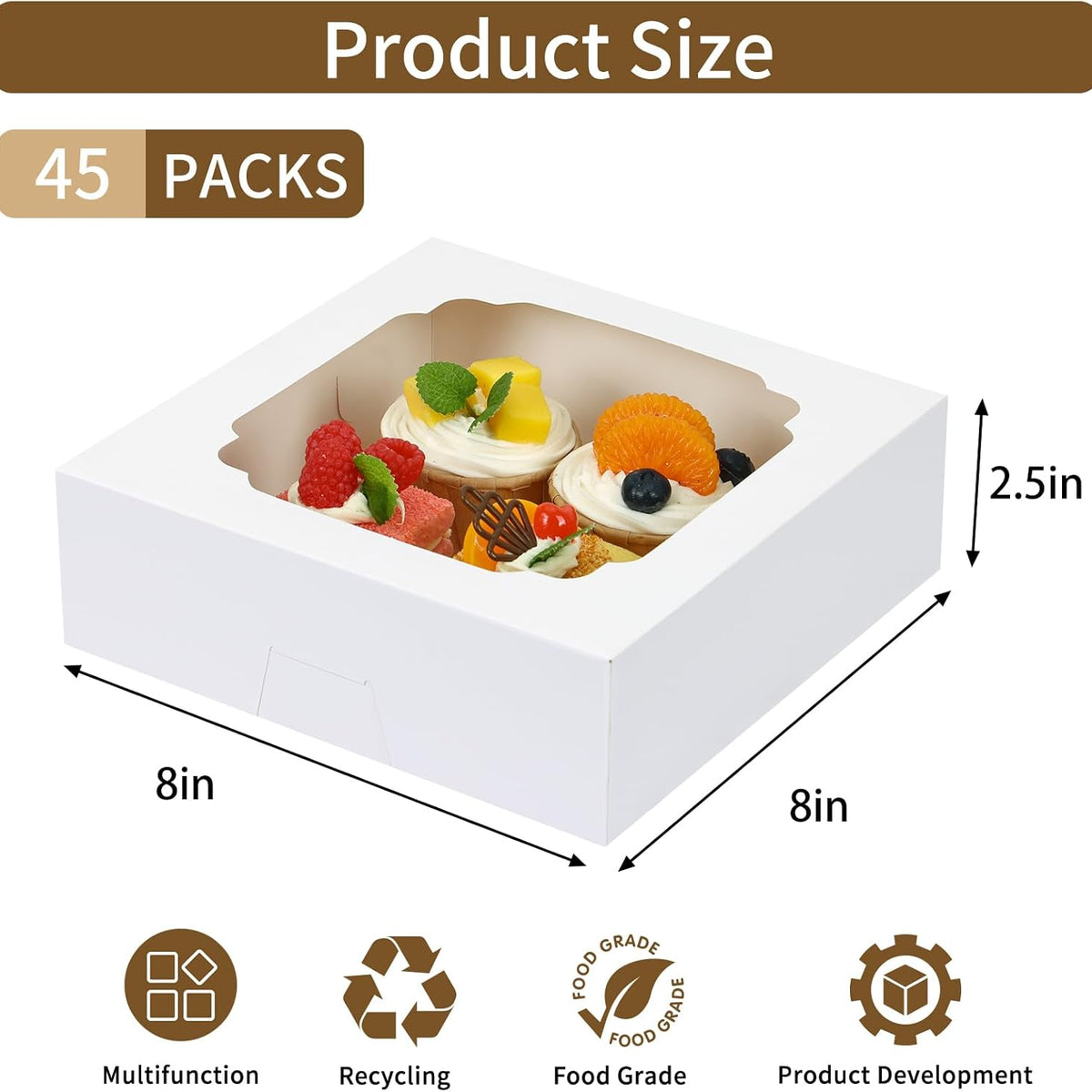 Moretoes 45pcs Bakery Boxes, 8x8x2.5 Inches Cookie Boxes with Window Treat Container for Pie, Strawberry Chocolate, Cakes, Pastries