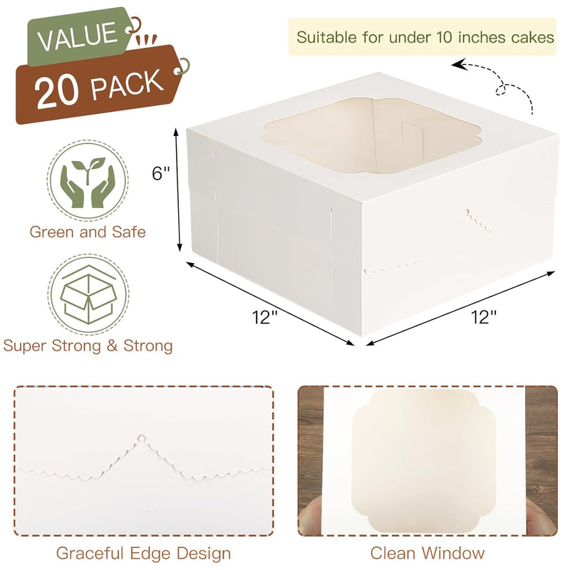 20pcs Cake Boxes, 12x12x6Inch White Bakery Boxes with Window, Disposable Cake Caddy Carrier Container for Valentine's Day, Mother's Day, Pie Pastries Cookies