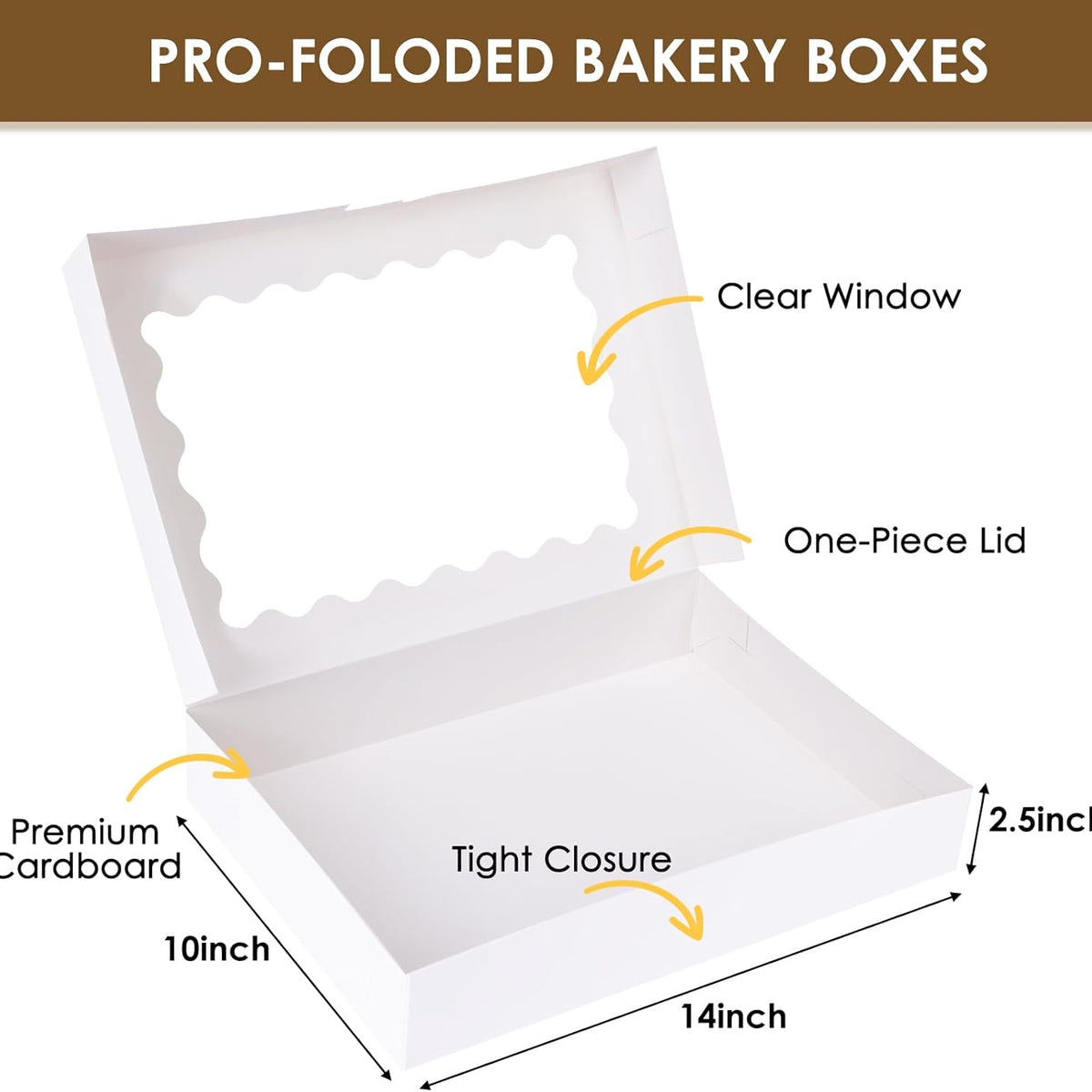 Moretoes 24pcs Bakery Boxes, 14x10x2.5 Inch Treat Boxes with Window for Chocolate Covered Strawberries, Donuts, Pies, Muffins and Pastries (White)