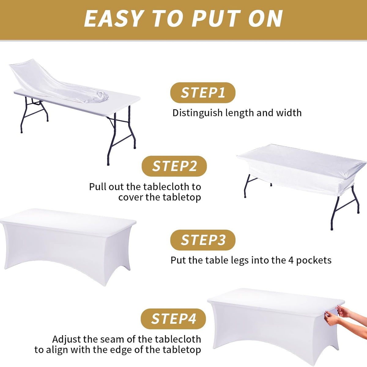 Fixwal 3 Pack White Table Cloths Rectangle 6FT, Tablecloths Rectangular Stretch Spandex Fitted Table Covers 6FT for Party, Trade Show, Banquet, Wedding, Buffet, Graduation Decoration