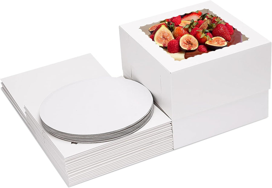 10 Sets Cake Boxes with Boards, 10x10x8 Inches Tall Bakery Boxes with Cake Boards with Window, Cajas Pasteles for Valentine's Day, Mother's Day, Pastries, Chocolates, Cookies, Pie