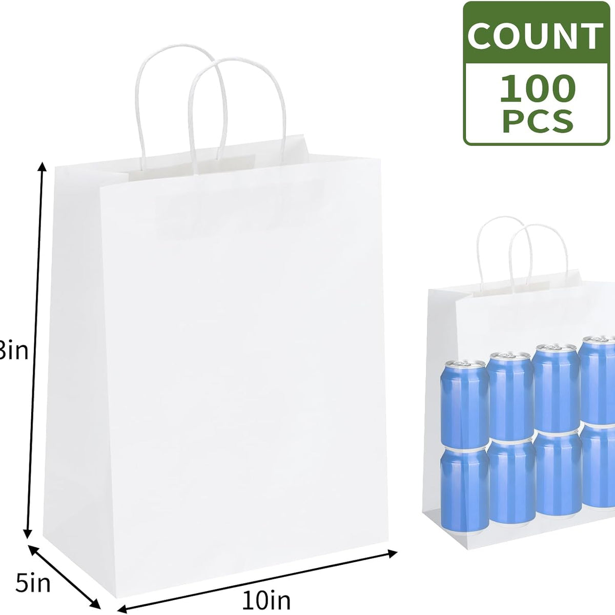 Moretoes Paper Bags with Handles 100pcs 10x5x13 Inches, White Kraft Gift Bags Bulk for Shopping, Retail, Small Business, Birthday Wedding Party Favor, Merchandise