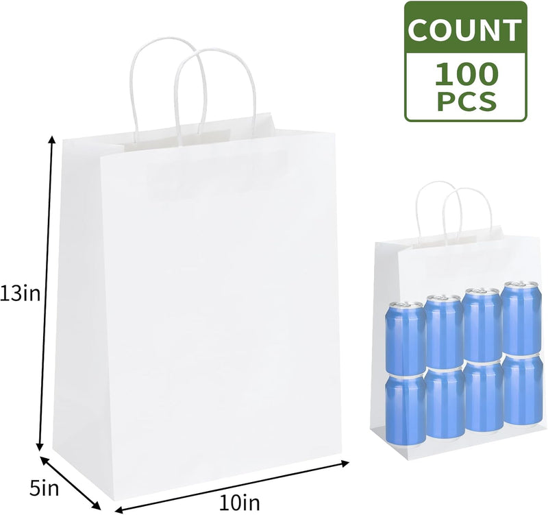 Moretoes Paper Bags with Handles 100pcs 10x5x13 Inches, White Kraft Gift Bags Bulk for Shopping, Retail, Small Business, Birthday Wedding Party Favor, Merchandise