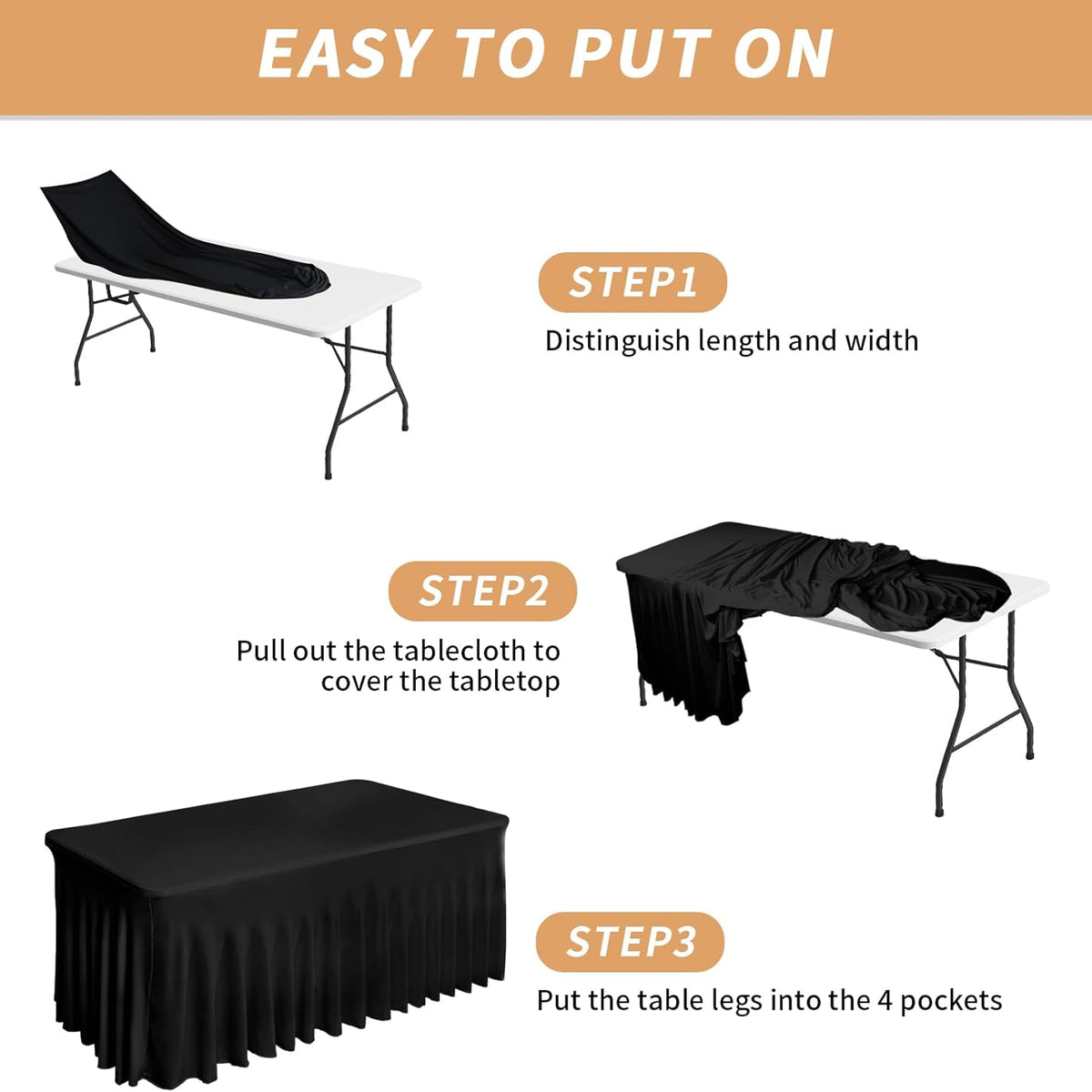 Fixwal 2 Pack Black Spandex Tablecloth for Rectangle Table 4ft, Table Skirt for Party, Show, Wedding and Birthday