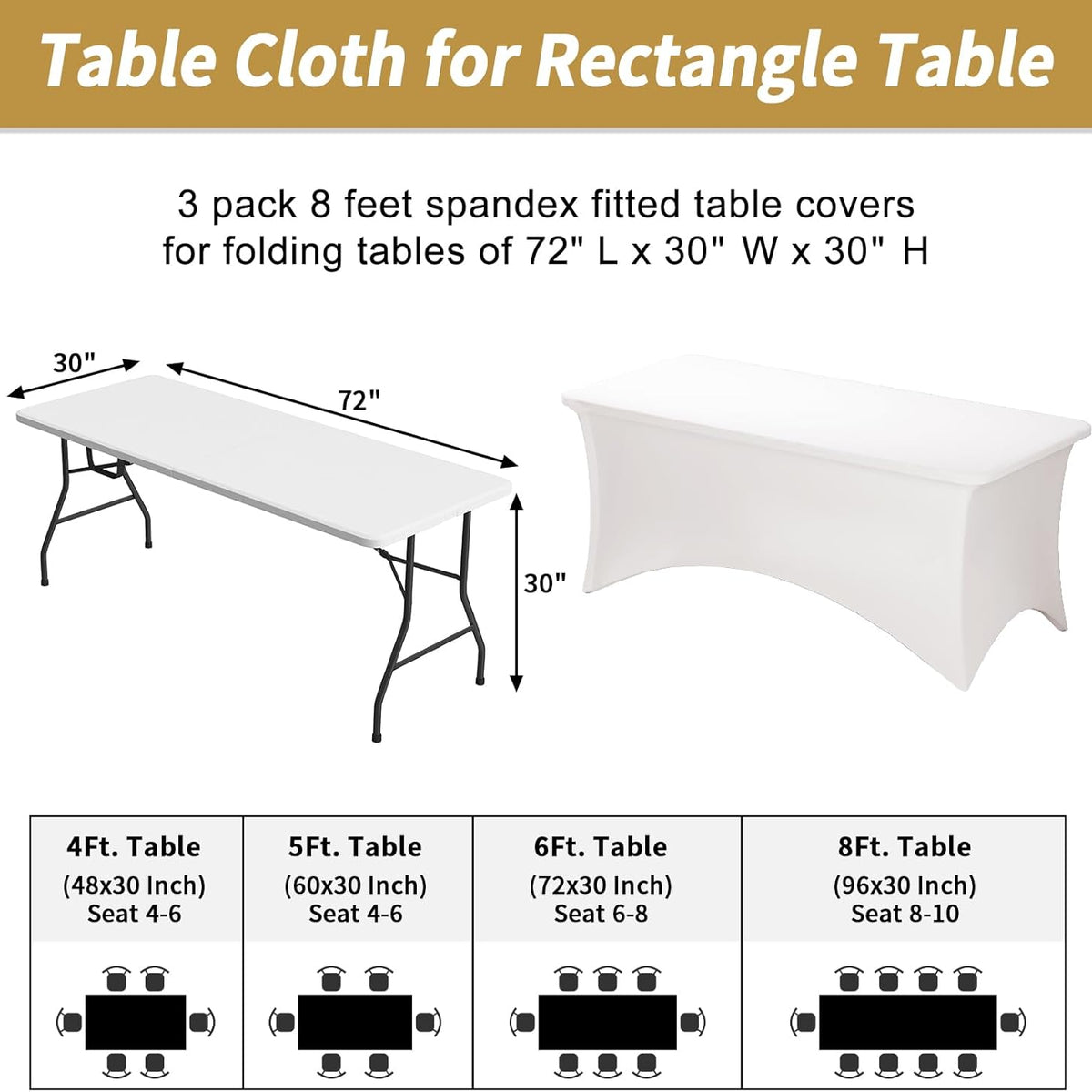 Fixwal 3 Pack Pearl White Tablecloth Rectangle 8Ft, Stretch Spandex Fitted Table Cover for Party, Trade Show, Wedding, Buffet, Graduation, Vendor Stand