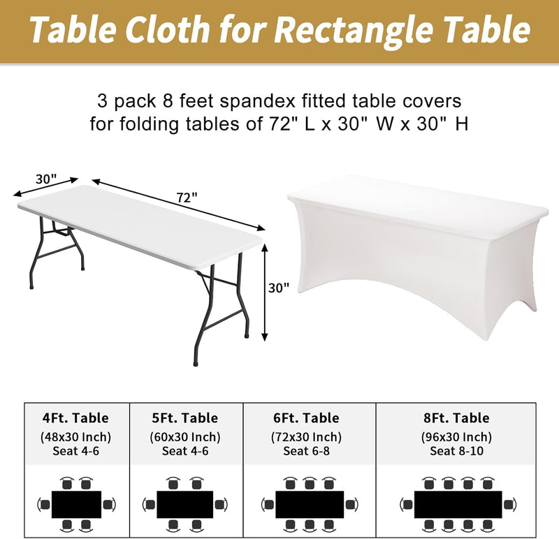 Fixwal 3 Pack Pearl White Tablecloth Rectangle 8Ft, Stretch Spandex Fitted Table Cover for Party, Trade Show, Wedding, Buffet, Graduation, Vendor Stand