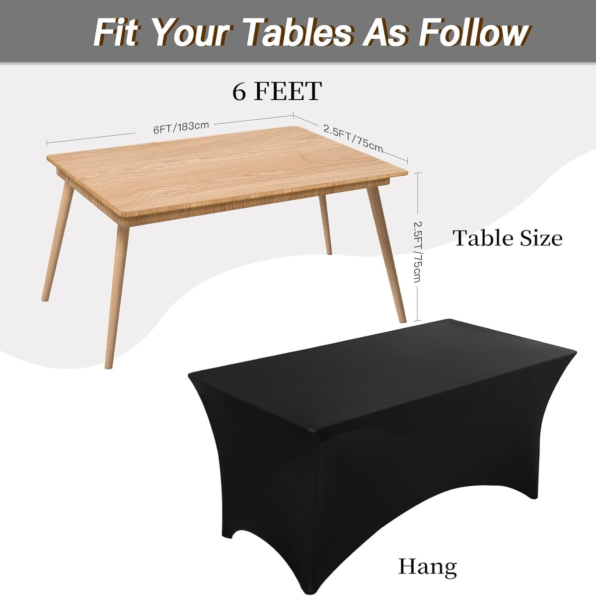 Fixwal 6 Pack Black Table Cover, Spandex Table Cloths for 6 Foot Rectangle Tables Fitted Tablecloth, Wrinkle-Free and Stretch Folding Tablecloth for Banquet, Wedding, Party (72L x 30W x 30H Inch)