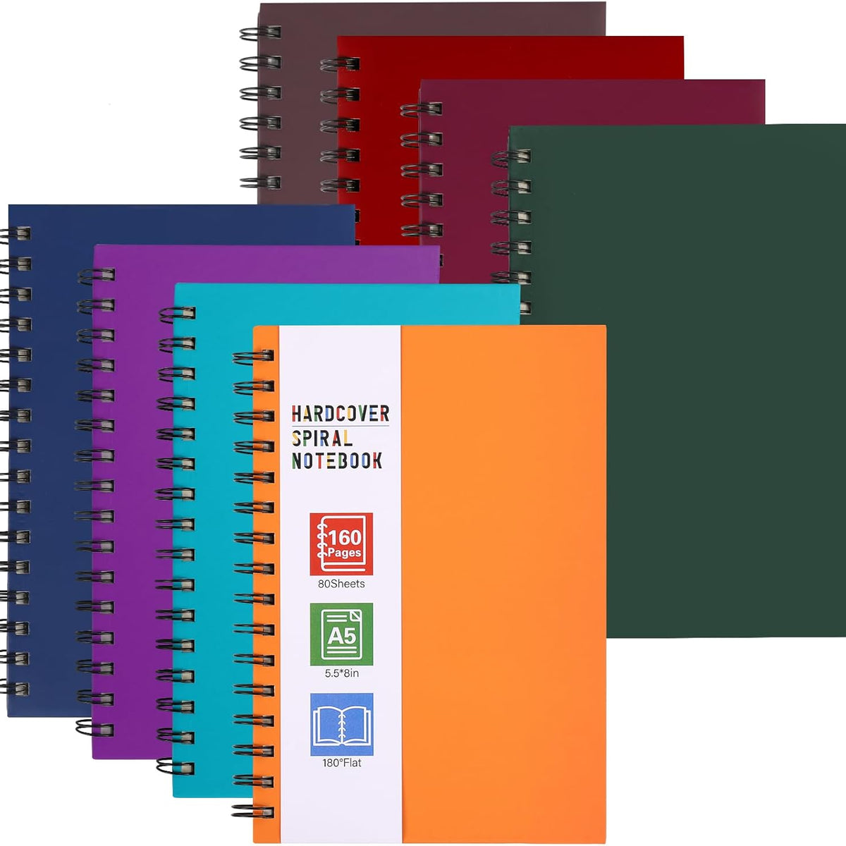 8 Pack Spiral Notebook, Hardcover A5 Notebooks, College Ruled Spiral Journals, Assorted Jewel Tone Colors, 160 Pages, 5.5"x8.5", for Work, School, Gifts