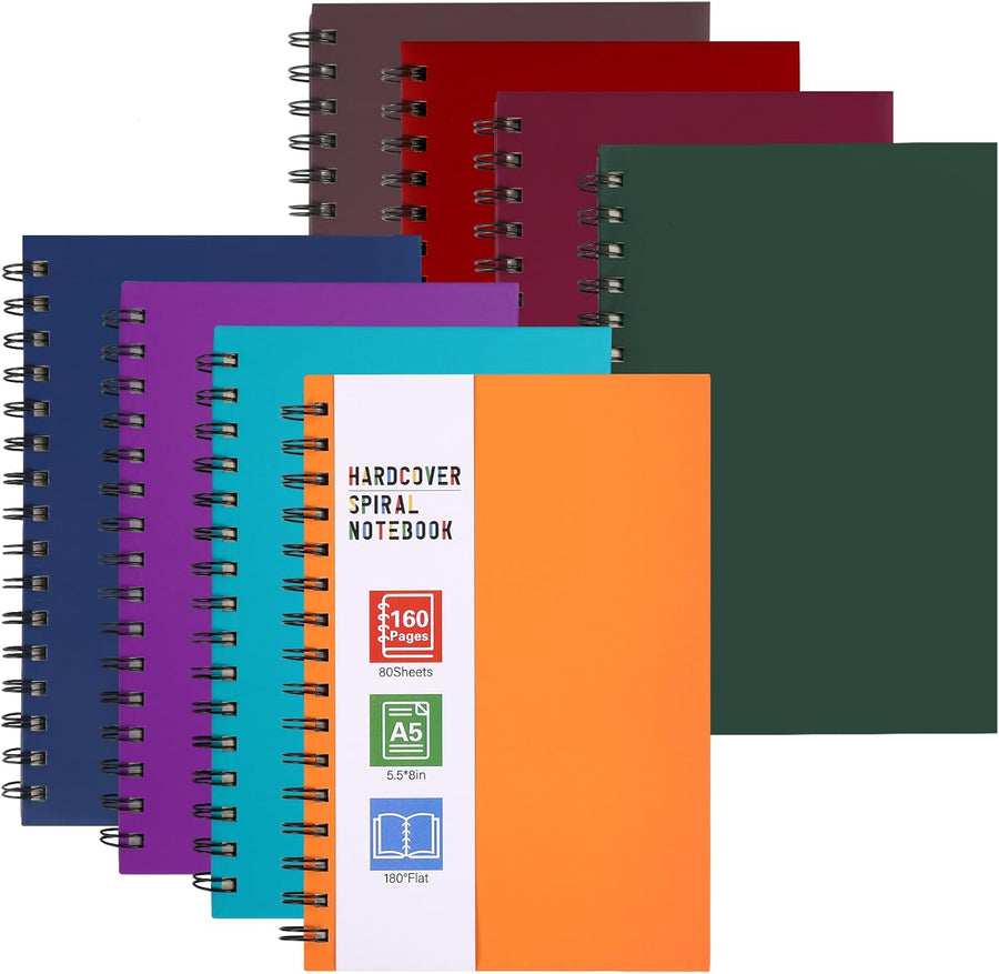 8 Pack Spiral Notebook, Hardcover A5 Notebooks, College Ruled Spiral Journals, Assorted Jewel Tone Colors, 160 Pages, 5.5"x8.5", for Work, School, Gifts