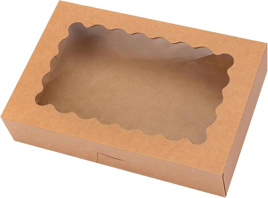 24pcs Bakery Boxes with Window, 12x8x2.5 Inches Auto-Popup Cookie Boxes for Muffins and Pastries (Brown)