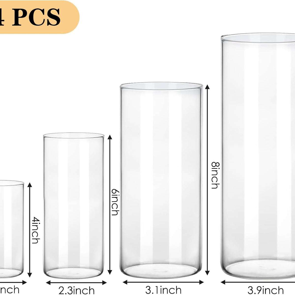 Fixwal 24pcs Clear Glass Cylinder Vases, 4, 6, 8, 10 Inch Tall Cylinder Vases for Centerpieces, Glass Flower Vase Floating Candle Holder Vase for Table Shelf, Party, Wedding, Home Decor