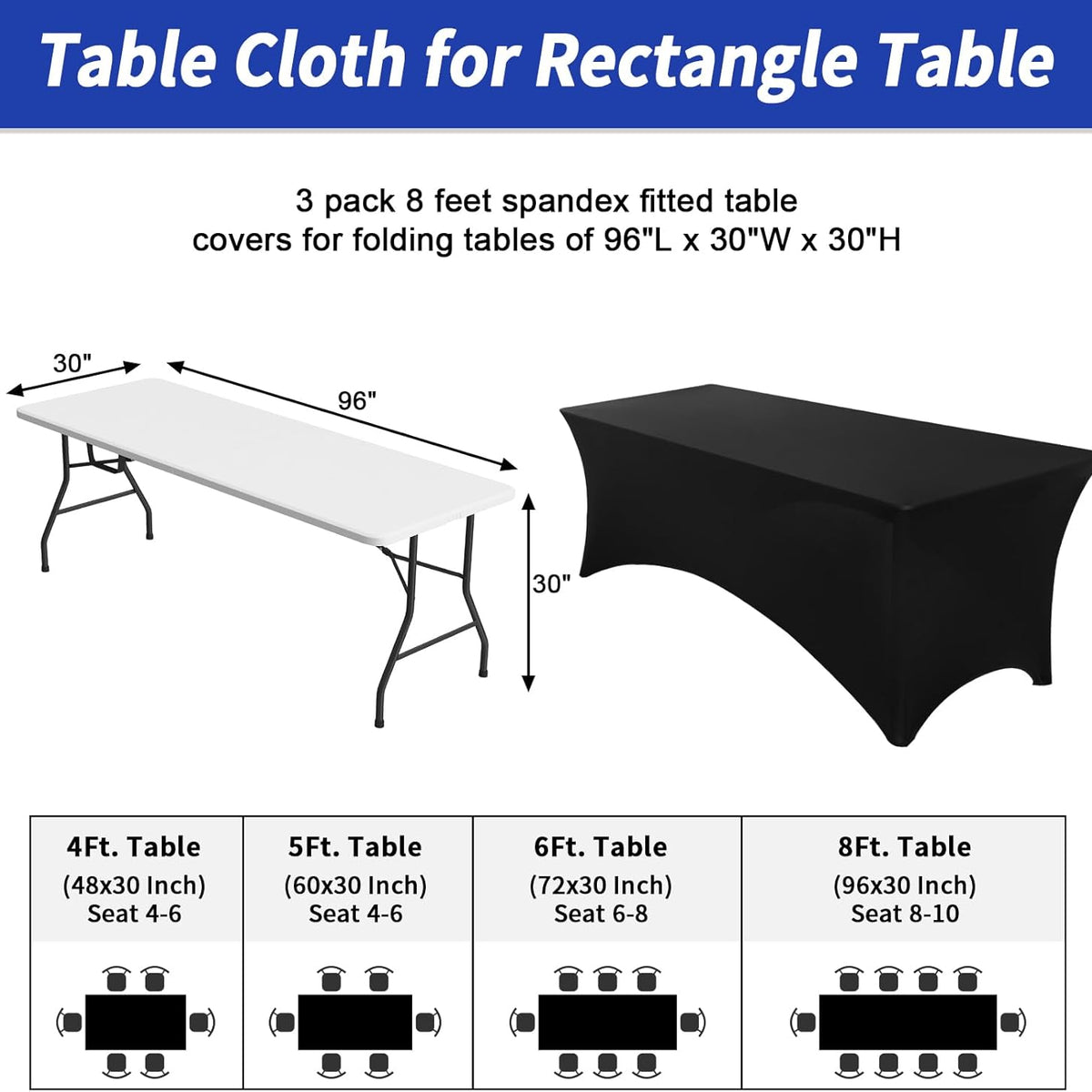 Fixwal 3 Pack Black Tablecloth Rectangle 8Ft, Stretch Spandex Fitted Table Cover for Party, Trade Show, Wedding, Buffet, Graduation, Vendor Stand