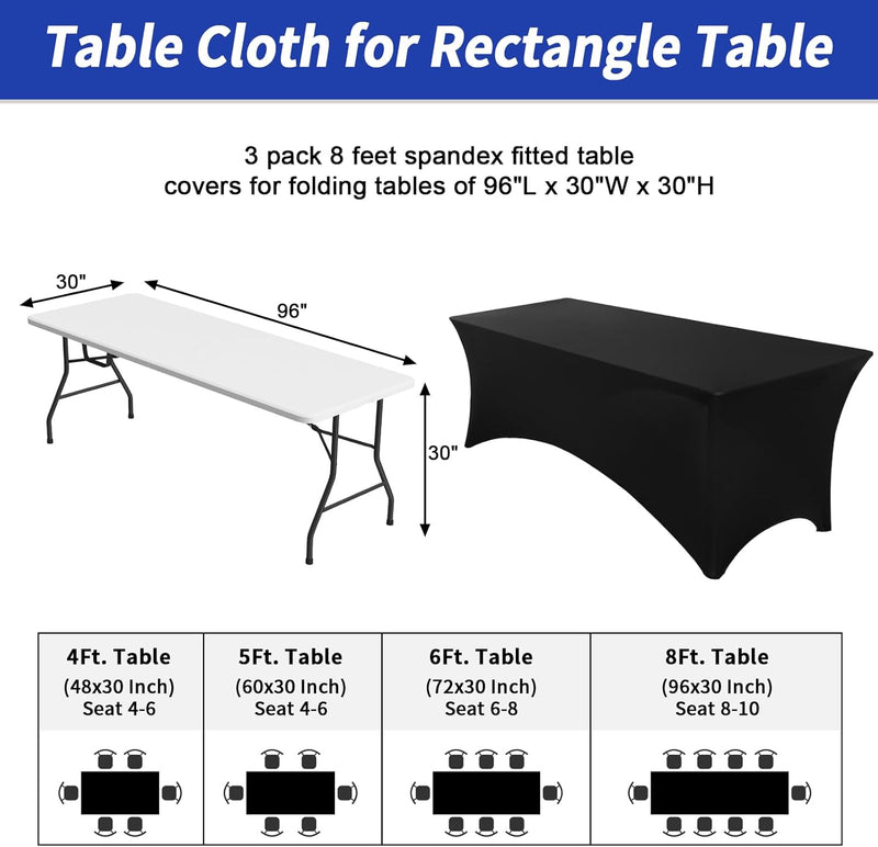 Fixwal 3 Pack Black Tablecloth Rectangle 8Ft, Stretch Spandex Fitted Table Cover for Party, Trade Show, Wedding, Buffet, Graduation, Vendor Stand