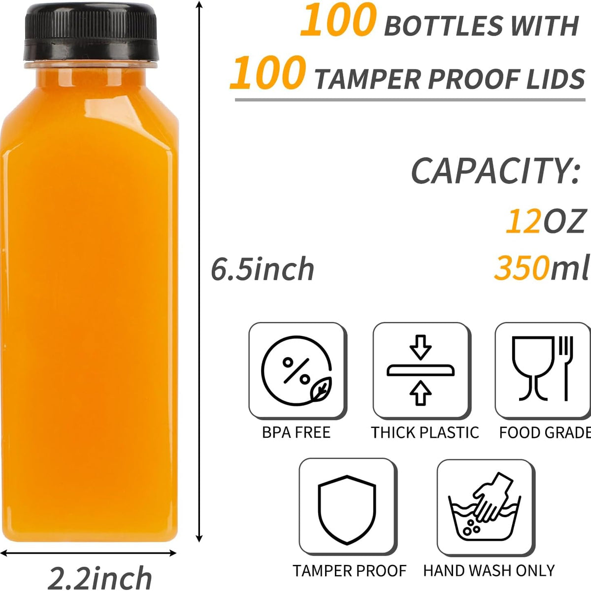 100pcs Juice Bottles, 12oz Plastic Bottles with Caps, Reusable Juice Bottles with Caps Clear Bulk Beverage Containers with Lids, Label, Funnel and Brush for Juicing, Milk, Smoothie and Beverages