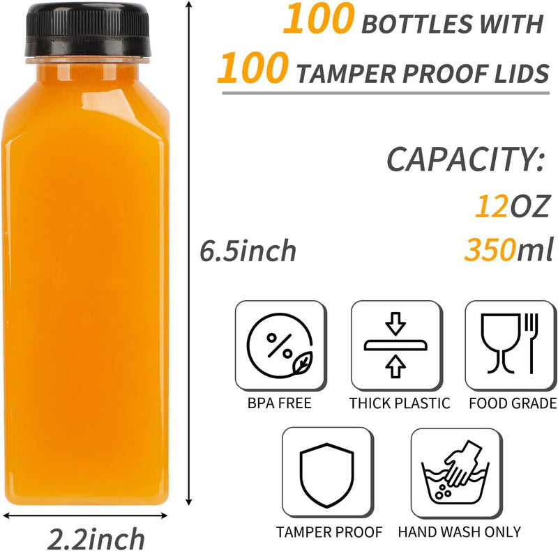 100pcs Juice Bottles, 12oz Plastic Bottles with Caps, Reusable Juice Bottles with Caps Clear Bulk Beverage Containers with Lids, Label, Funnel and Brush for Juicing, Milk, Smoothie and Beverages