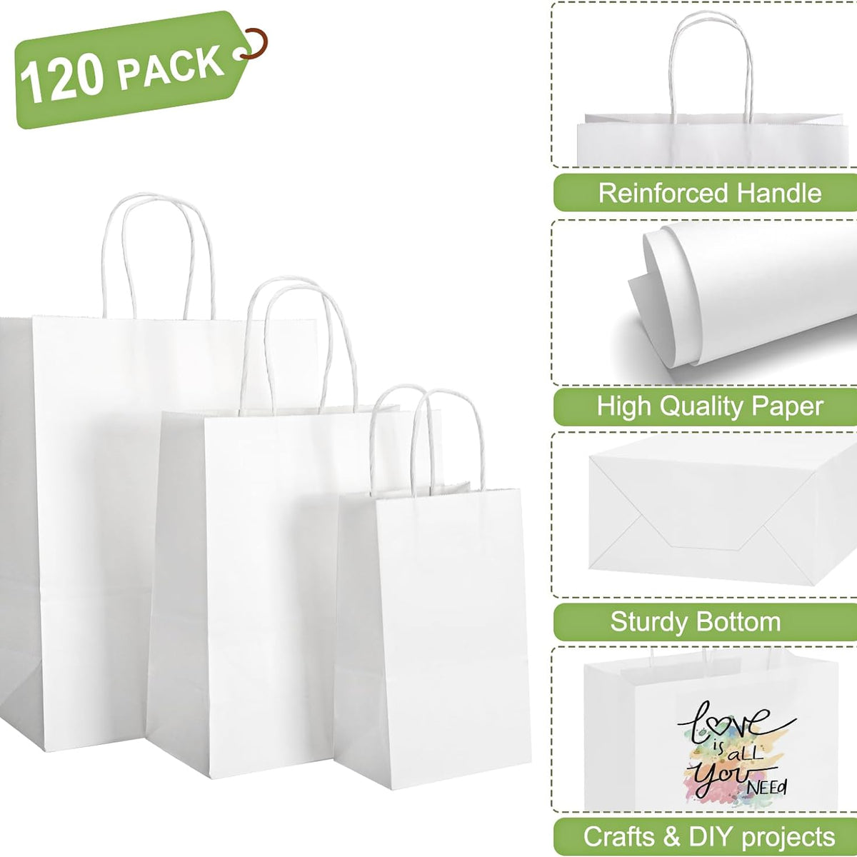 120pcs White Paper Bags with Handles Mixed Size Bulk Kraft Paper Gift Bags for Business, Shopping, Retail, Merchandise