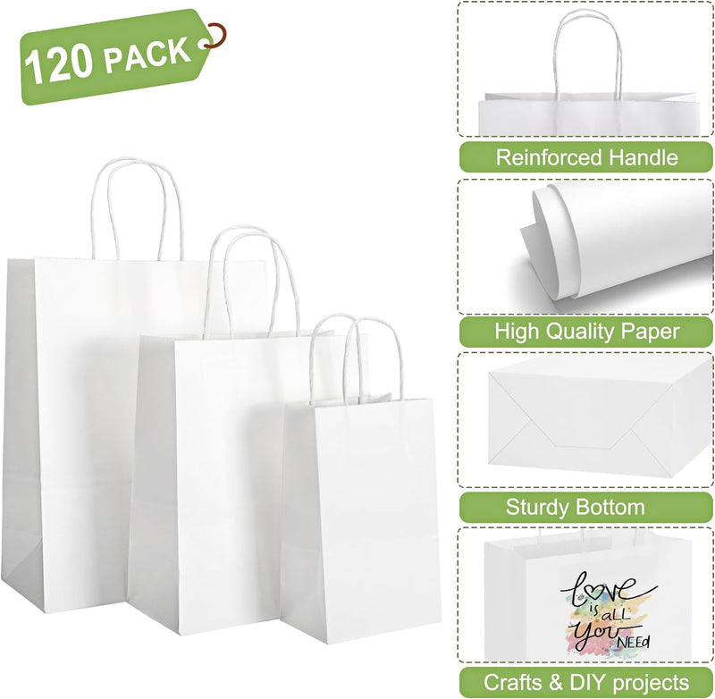 120pcs White Paper Bags with Handles Mixed Size Bulk Kraft Paper Gift Bags for Business, Shopping, Retail, Merchandise